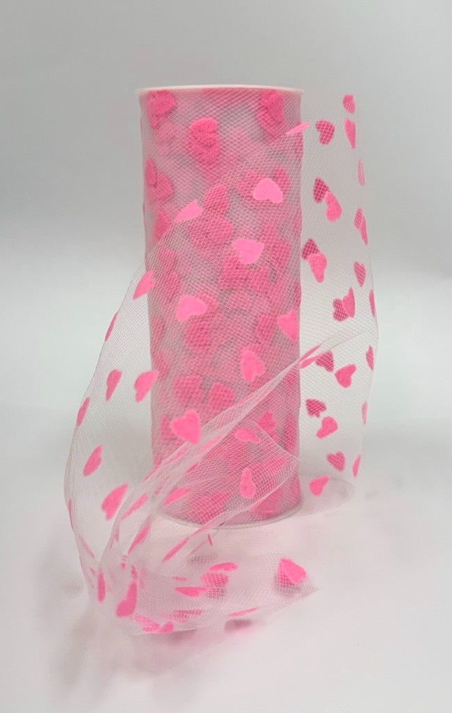 Pink Organza Heart Tulle Roll - 6 Inch x 10 Yards