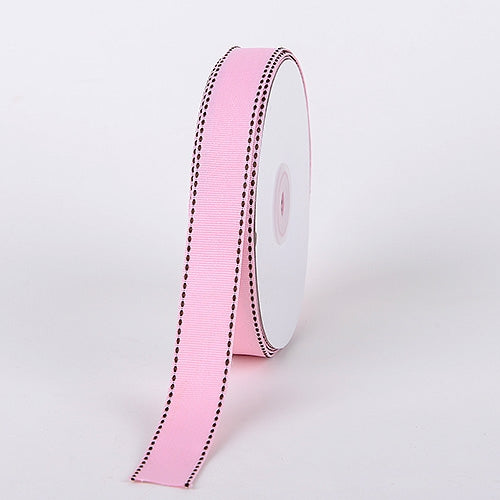 7/8 Inch Pink w/ Brown Stitch Design Grosgrain Ribbon 25 Yards