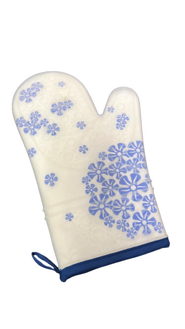 Blue Flower- Silicone Oven Mitts Heavy Duty Cooking Gloves, Kitchen Heat Resistance Oven Gloves, Waterproof Oven Mitts with Non-Slip Textured Grip, 1 Pair