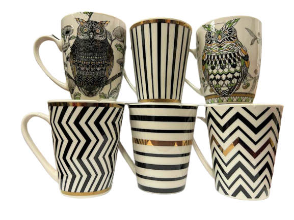 Stripe and Owl Design Coffee Mug Set - Pack of 6