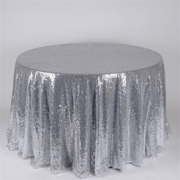 Silver 120 inch Round Duchess Sequin Tablecloth
