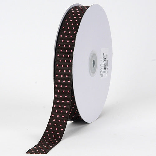 Grosgrain Ribbon Swiss Dot Chocolate with Pink Dots ( 7/8 inch | 50 Yards )