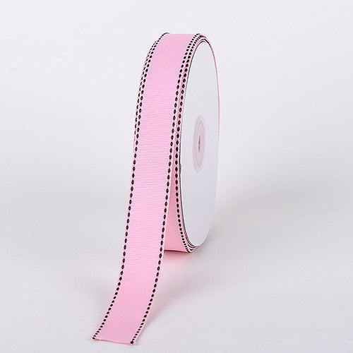 7/8 Inch Pink w/ Brown Stitch Design Grosgrain Ribbon 25 Yards