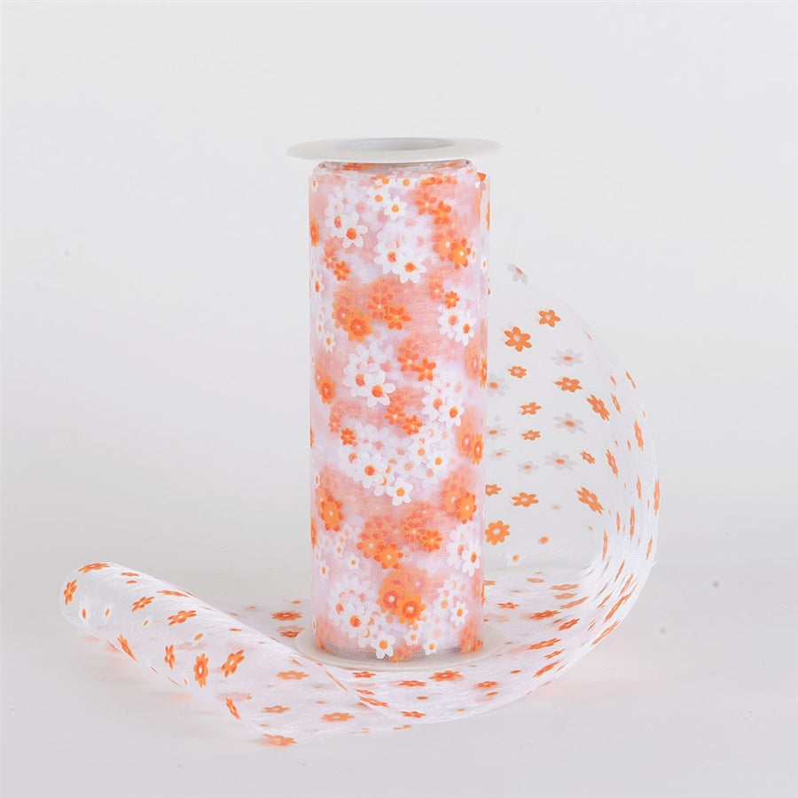 White and Orange Organza Flower Roll 6 inch x 10 yards