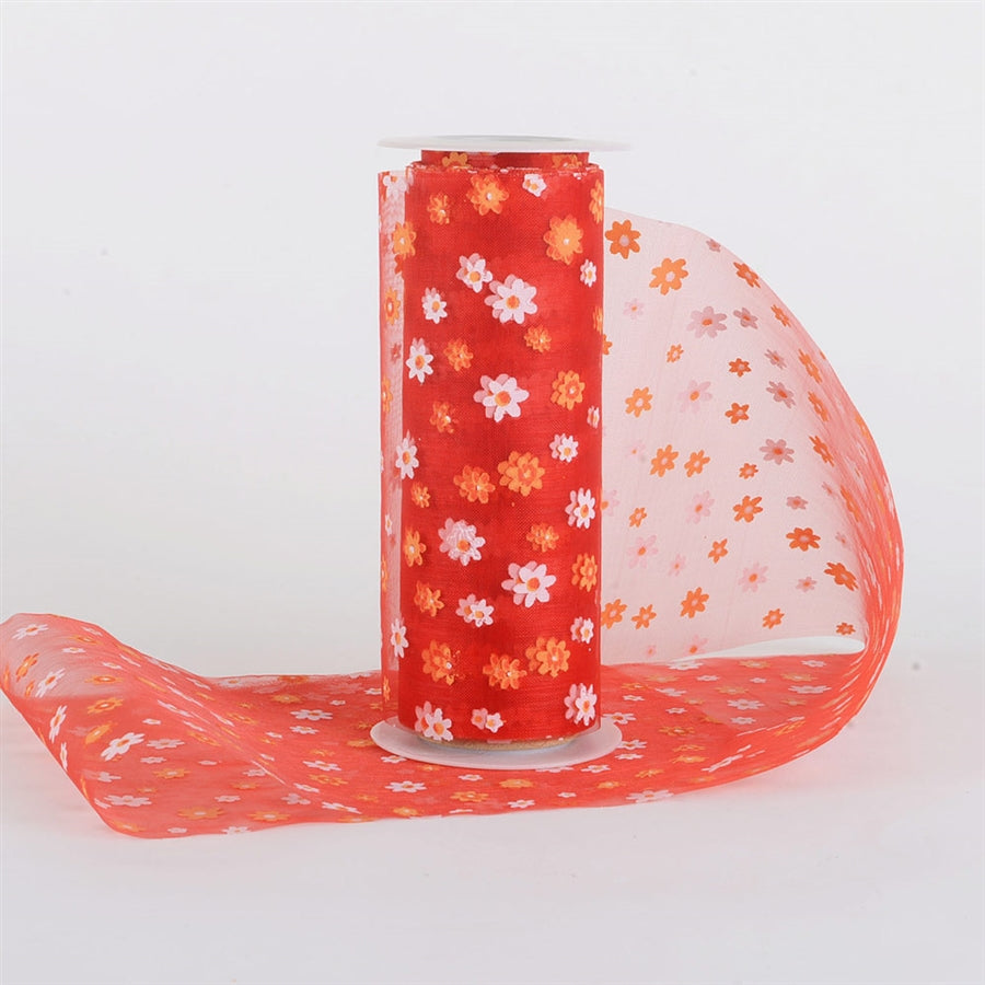 Red and Orange Organza Flower Roll 6 inch x 10 yards