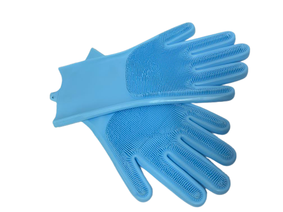 1- Pair Light Blue Silicone Dishwashing Gloves, Rubber Scrubbing Gloves
