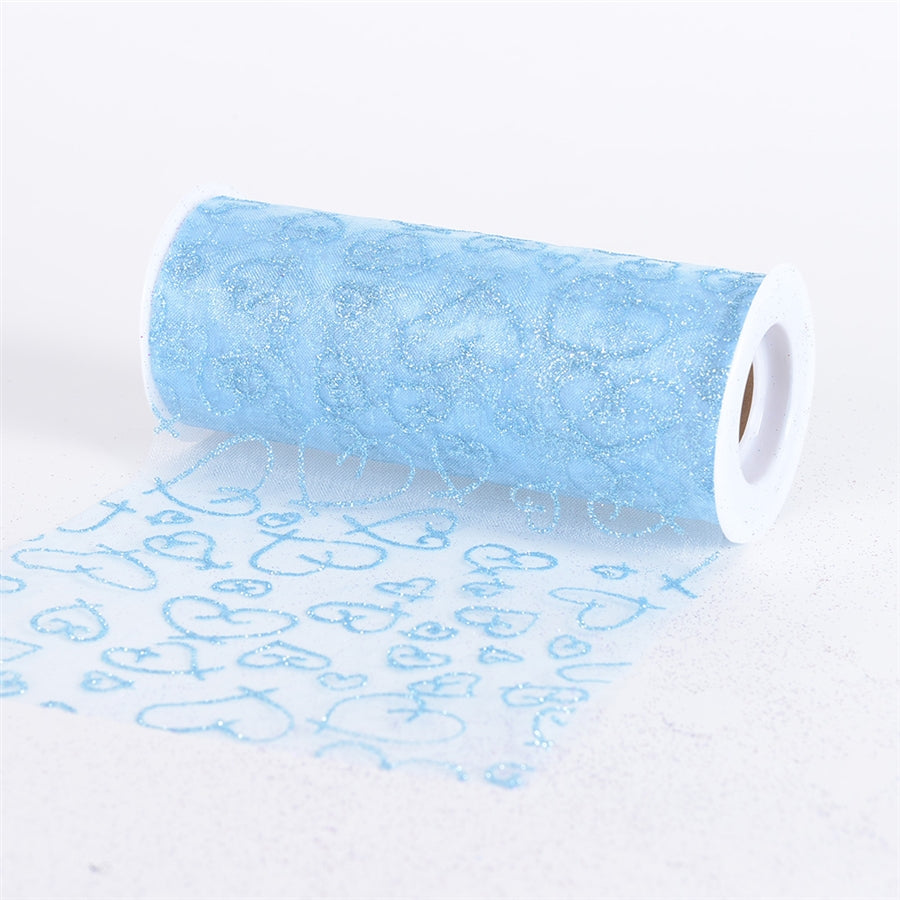 Light Blue Glitter Heart Organza 6 Inch Roll 10 Yards