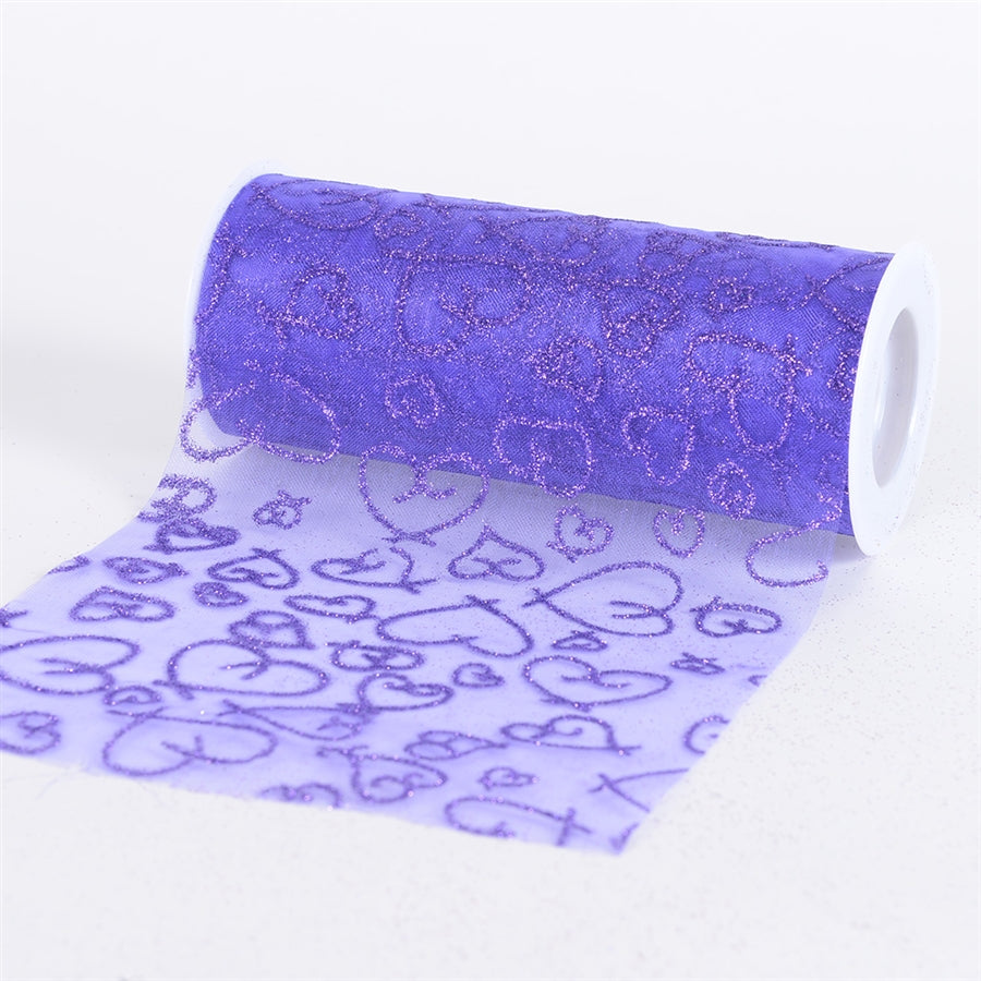 Purple Glitter Heart Organza 6 Inch Roll 10 Yards