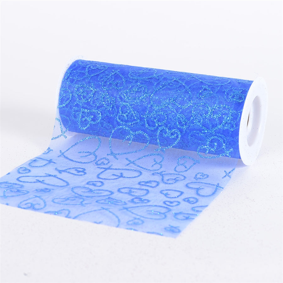 Royal Blue Glitter Heart Organza 6 Inch Roll 10 Yards