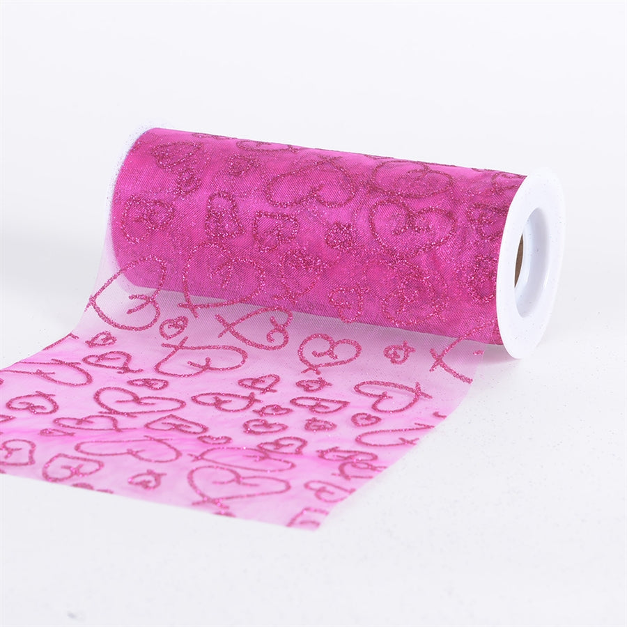 Fuchsia Glitter Heart Organza 6 Inch Roll 10 Yards