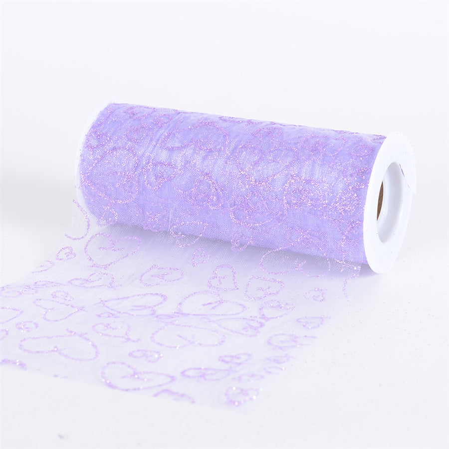 Lavender Glitter Heart Organza 6 Inch Roll 10 Yards