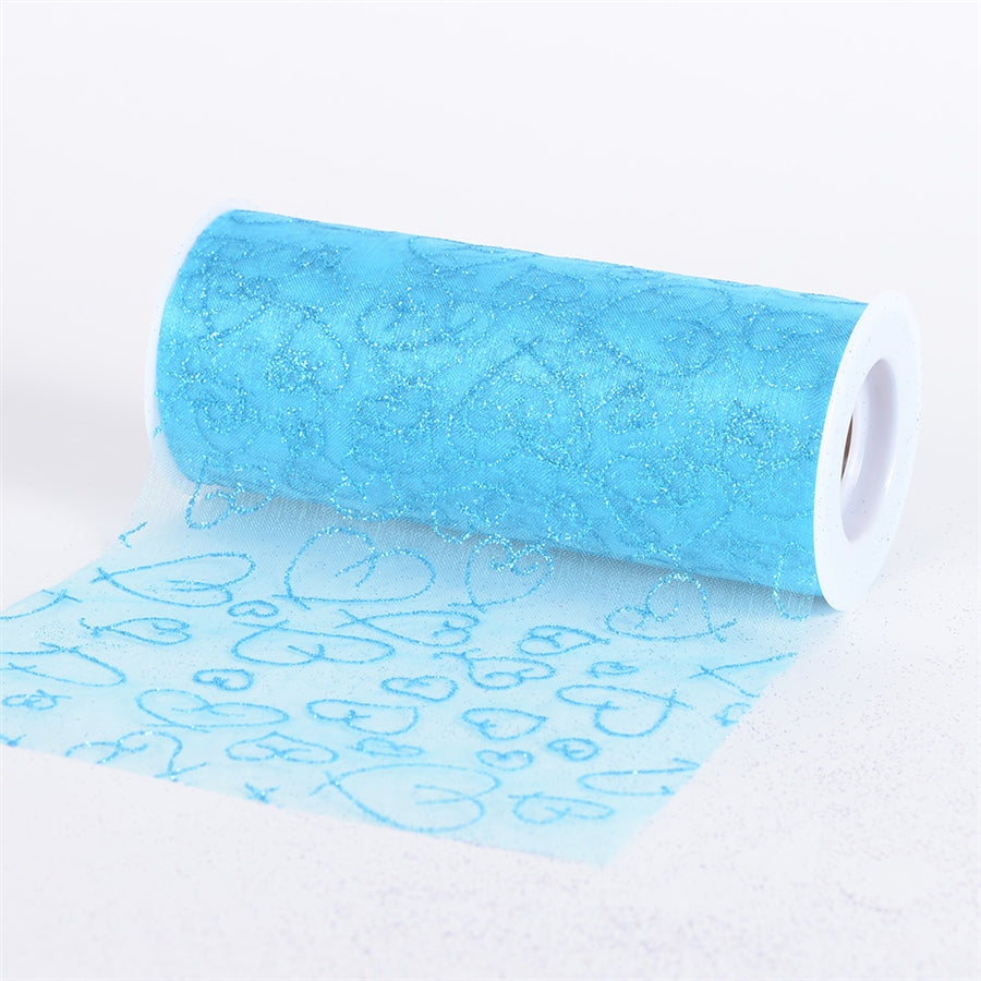 Turquoise Glitter Heart Organza 6 Inch Roll 10 Yards