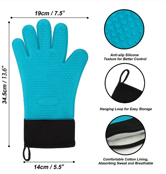 Silicone Oven Mitts Heat Resistant Gloves Kitchen Gloves 1 Pair Blue