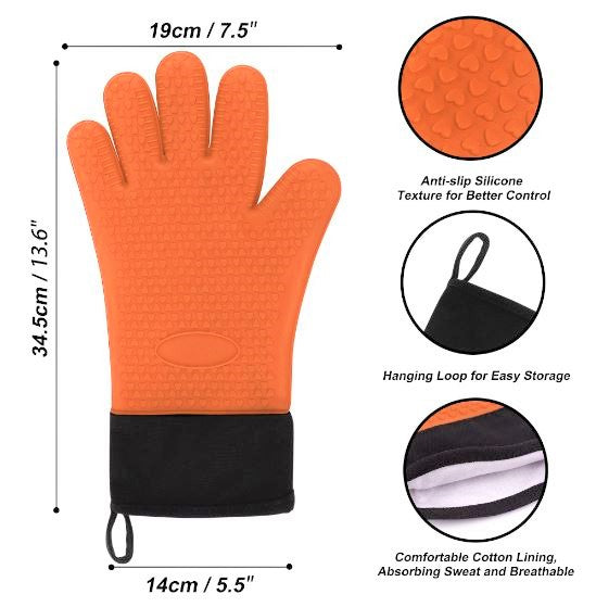 Silicone Oven Mitts Heat Resistant Gloves Kitchen Gloves 1 Pair Orange